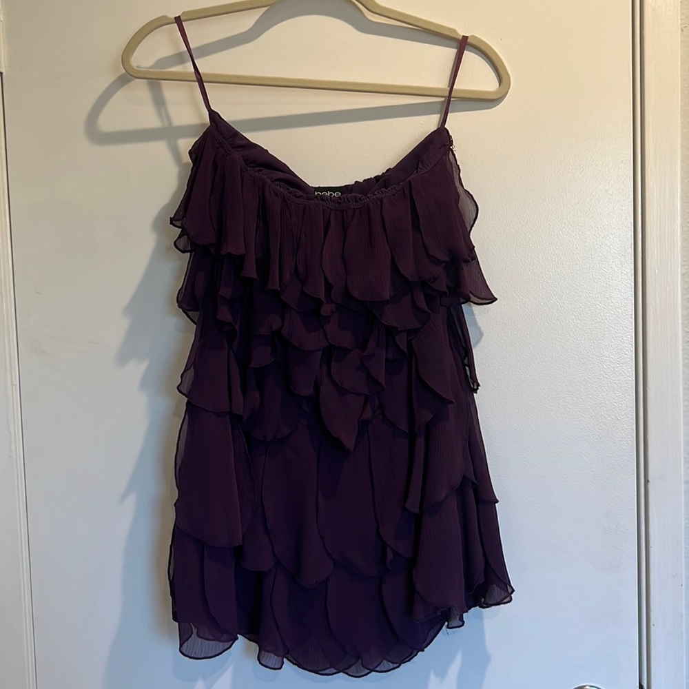 BEBE purple ruffle mini dress